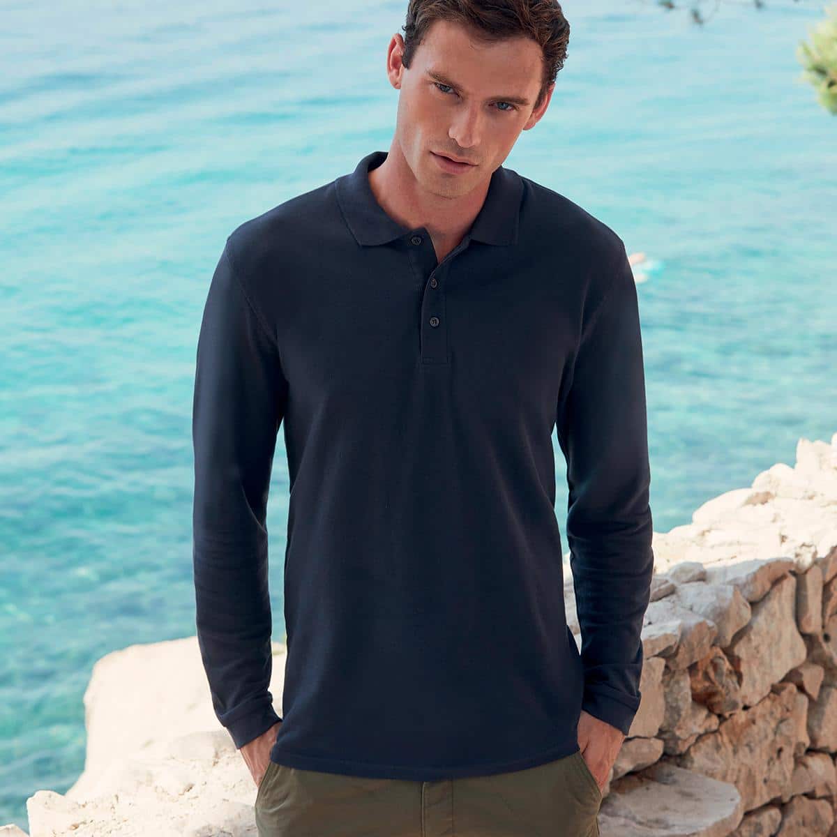 POLO UOMO | MANICA LUNGA | 100% COTONE | 180 GR/M2 | FRUIT OF THE LOOM |  PREMIUM | 3 BOTTONI | FR633100 BLU NAVY - Dandy Company